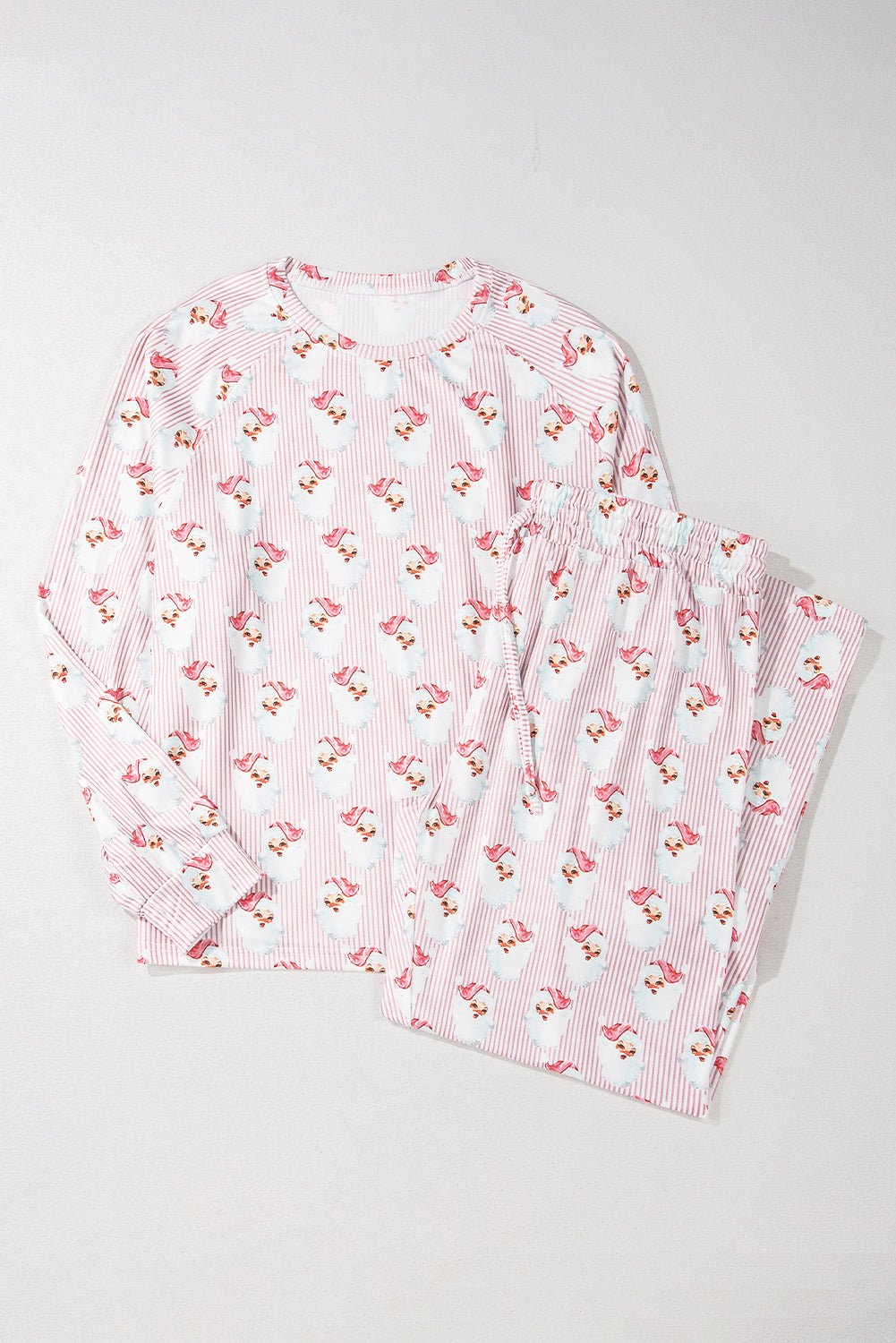 Pink Santa Claus Striped Print Loose Fit Two Piece Loungewear Set - MAD RUFFI