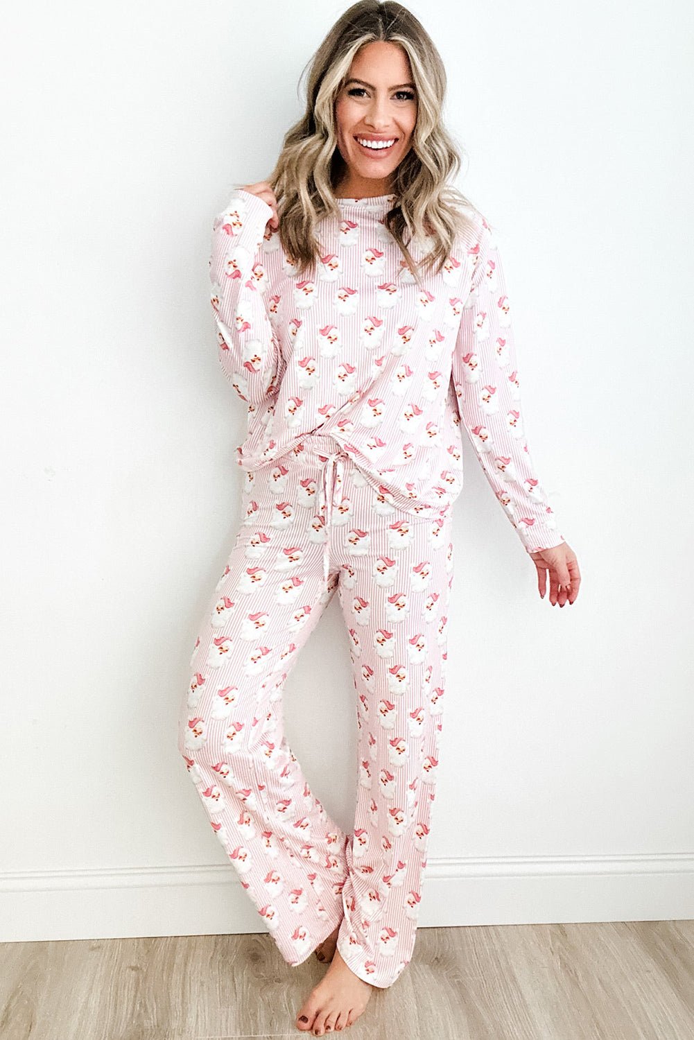 Pink Santa Claus Striped Print Loose Fit Two Piece Loungewear Set - MAD RUFFI