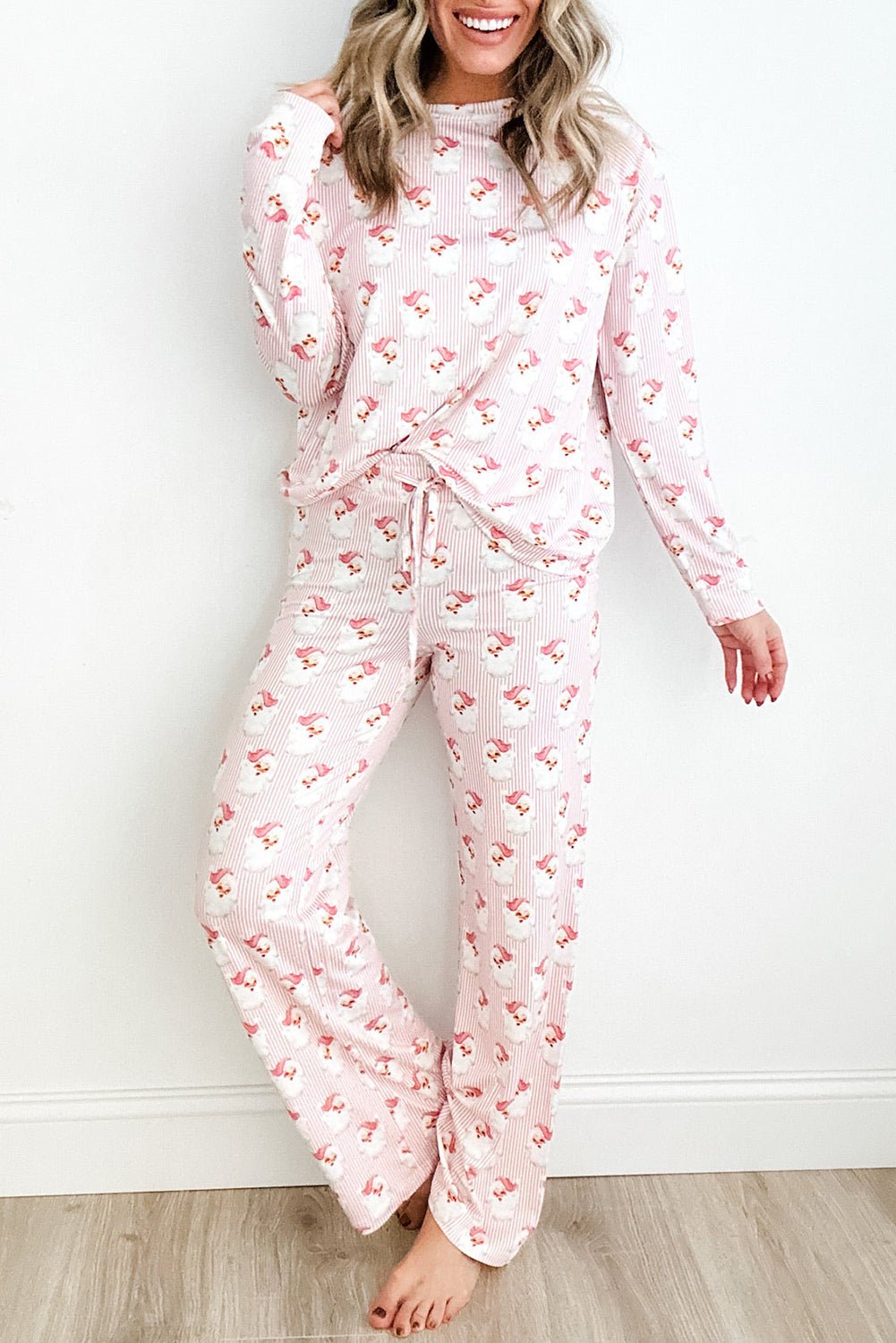Pink Santa Claus Striped Print Loose Fit Two Piece Loungewear Set - MAD RUFFI