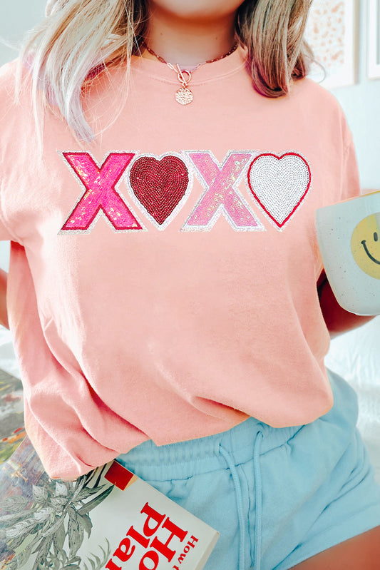 Pink Sequin Heart XOXO Patched Graphic Valentines T Shirt - Pink / S - Graphic Tees