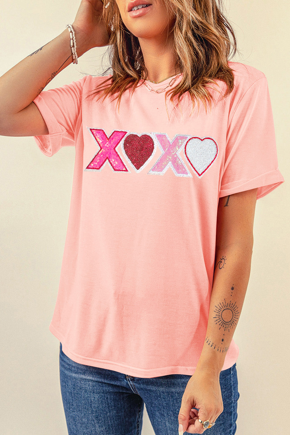 Pink Sequin Heart XOXO Patched Graphic Valentines T Shirt - Graphic Tees