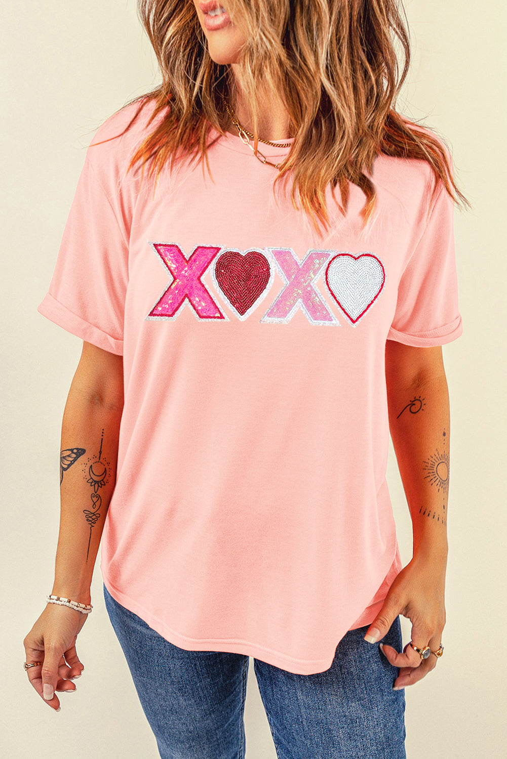 Pink Sequin Heart XOXO Patched Graphic Valentines T Shirt - Graphic Tees