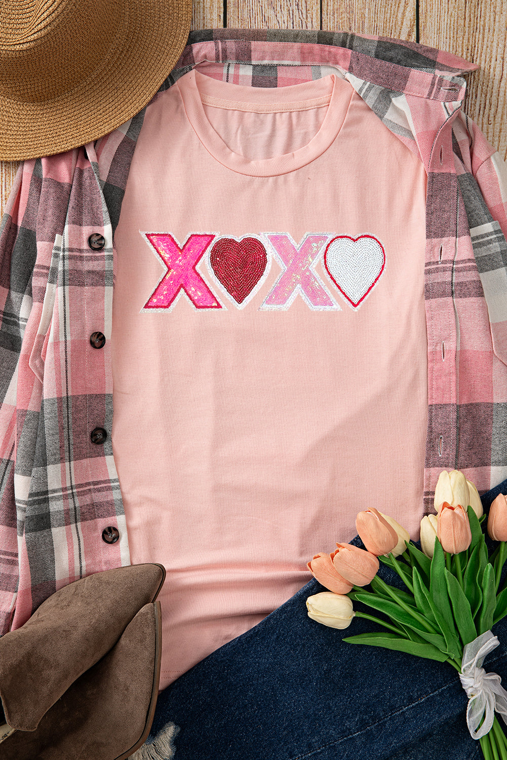 Pink Sequin Heart XOXO Patched Graphic Valentines T Shirt - Graphic Tees