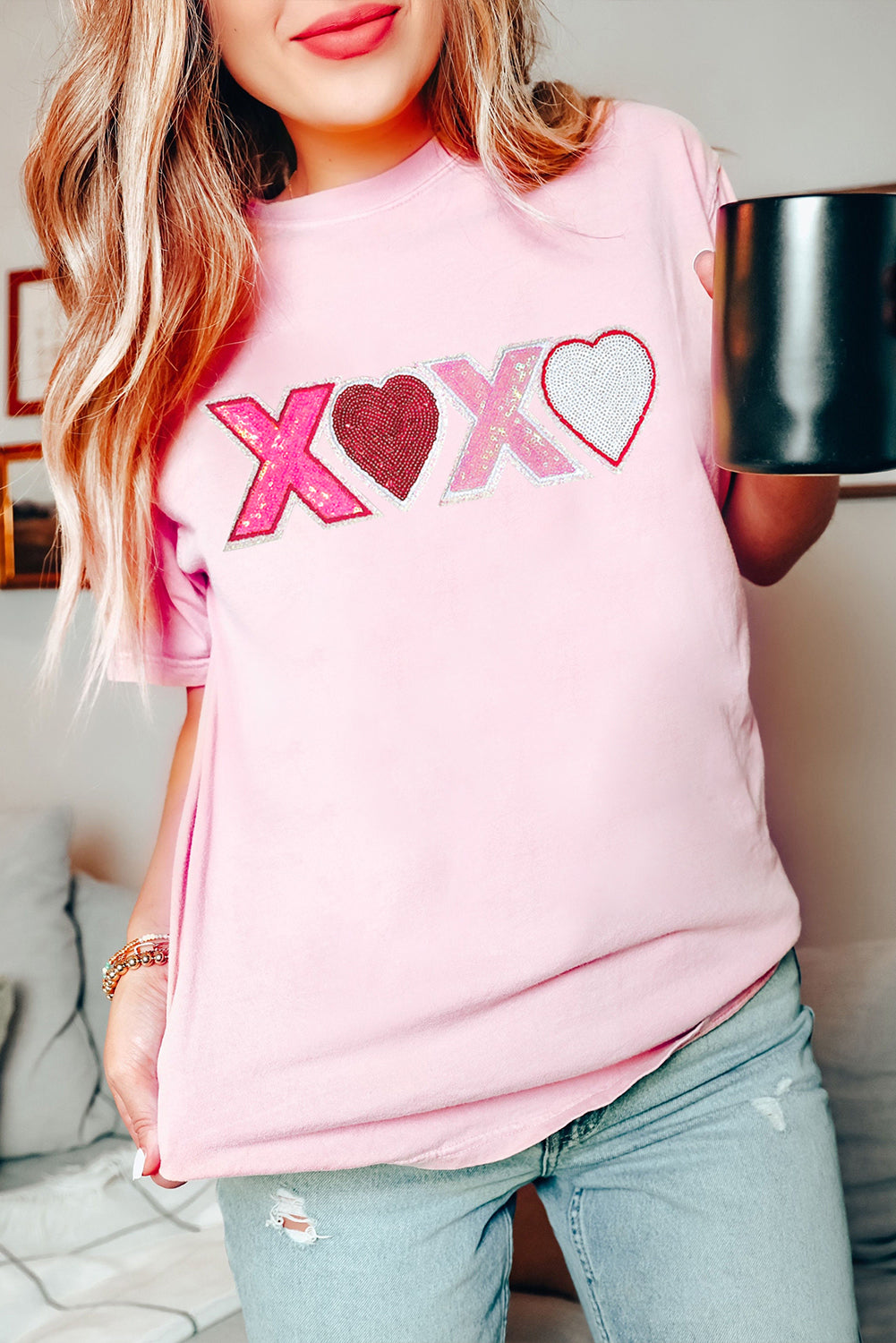 Pink Sequin Heart XOXO Patched Graphic Valentines T Shirt - Graphic Tees