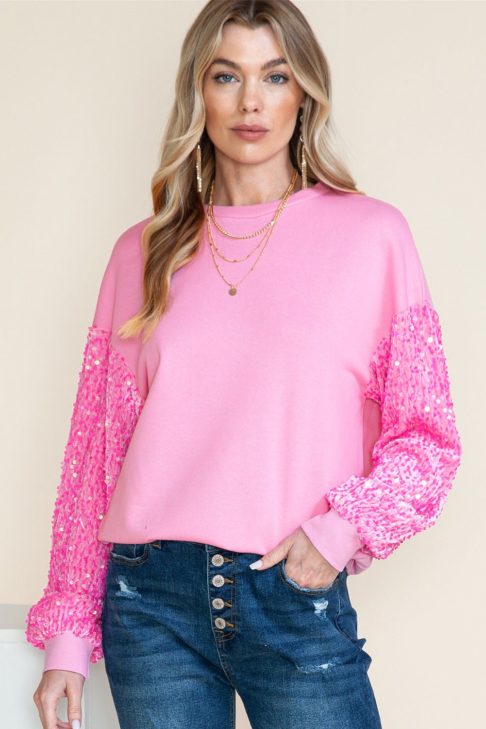 Pink Sequin Patchwork Long Sleeve Pullover Top - MAD RUFFI