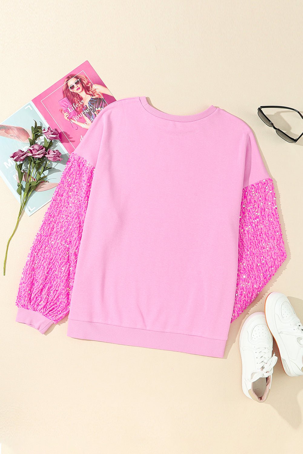 Pink Sequin Patchwork Long Sleeve Pullover Top - MAD RUFFI
