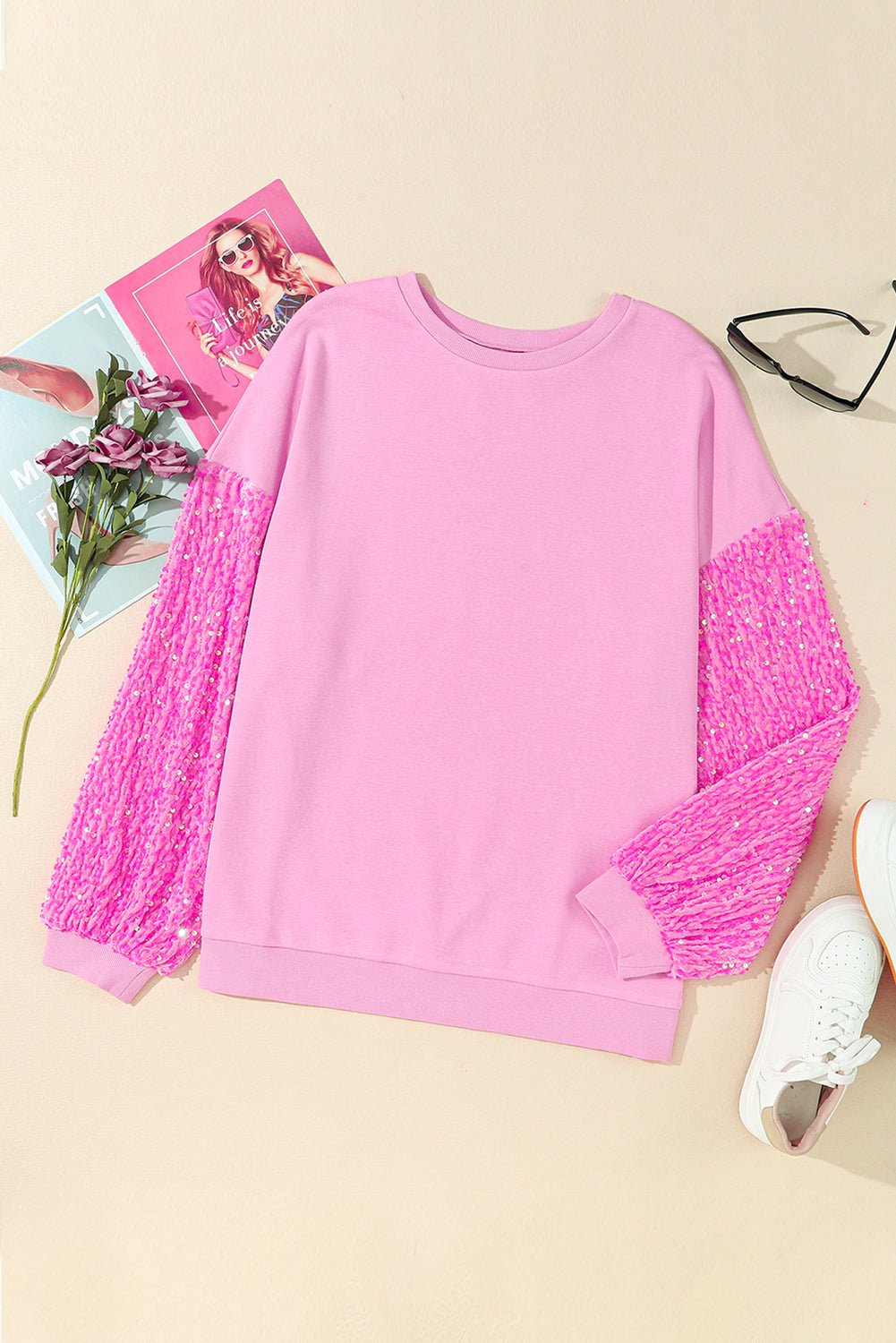 Pink Sequin Patchwork Long Sleeve Pullover Top - MAD RUFFI