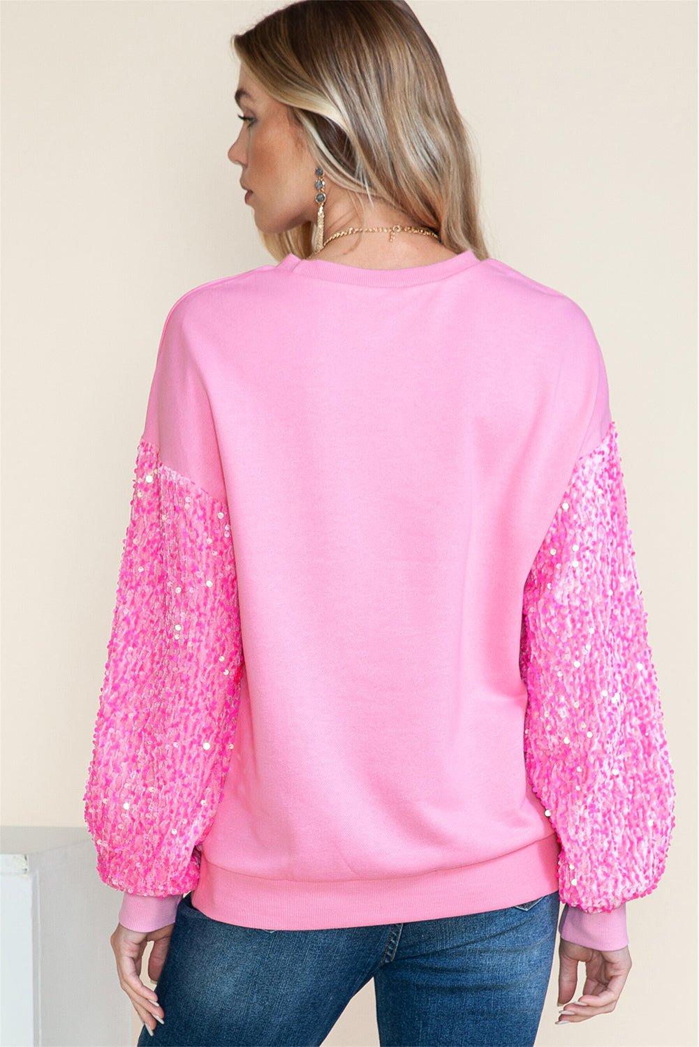 Pink Sequin Patchwork Long Sleeve Pullover Top - MAD RUFFI