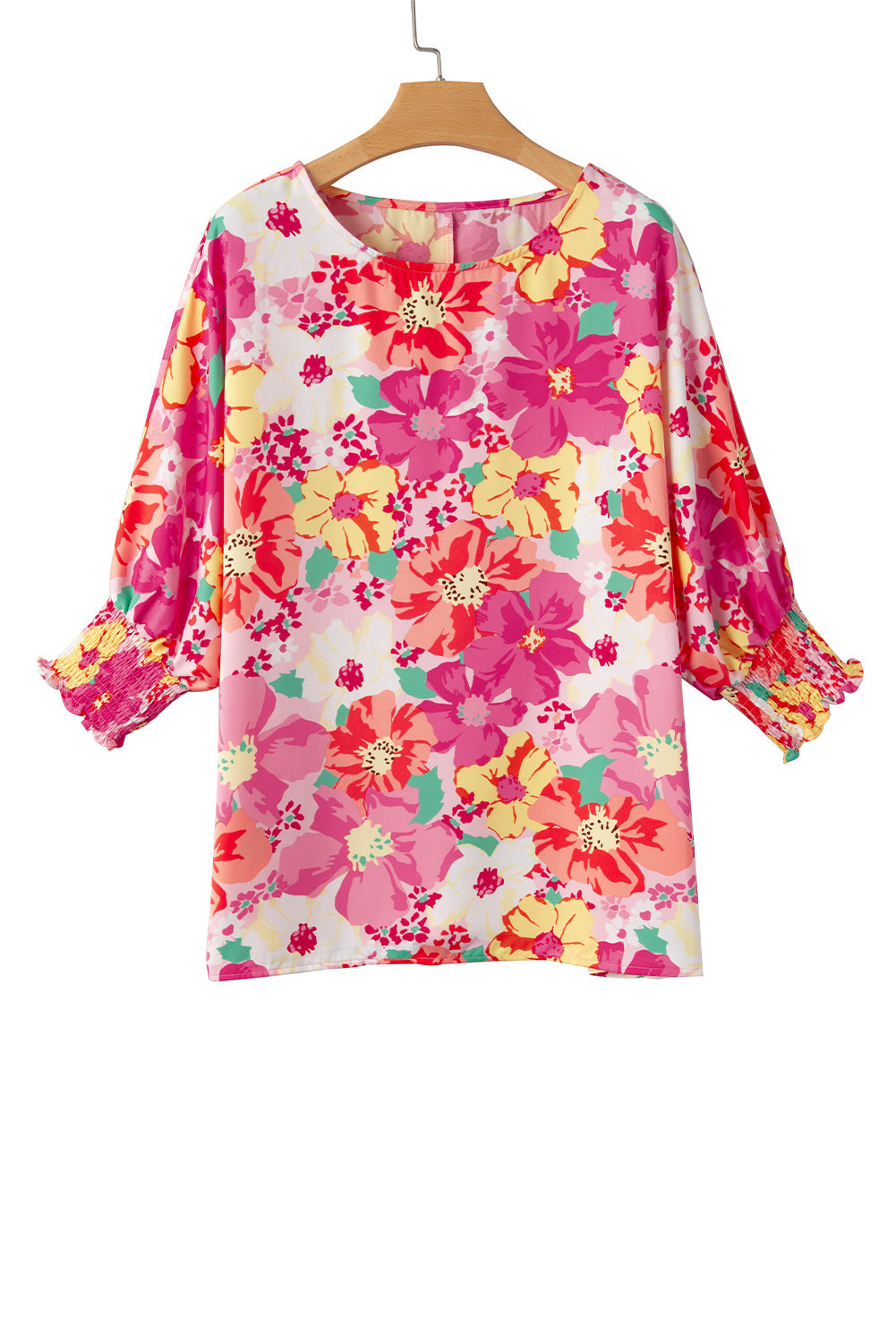 Pink Shirred Cuffs 3/4 Sleeve Boho Floral Blouse - MAD RUFFI