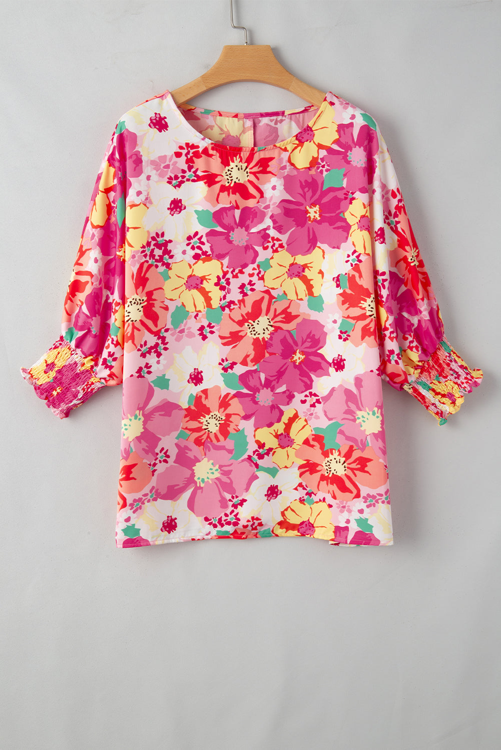 Pink Shirred Cuffs 3/4 Sleeve Boho Floral Blouse - MAD RUFFI