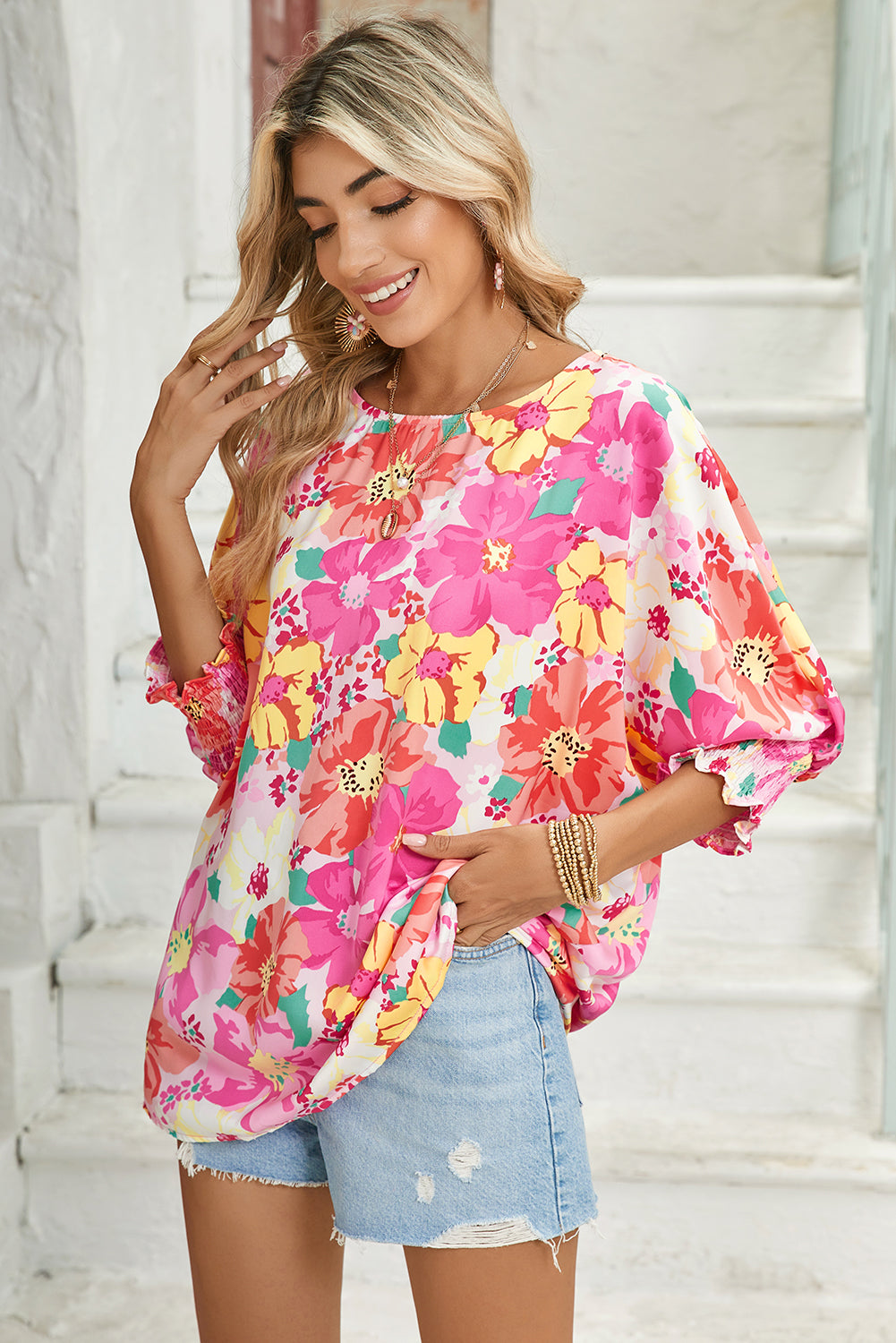 Pink Shirred Cuffs 3/4 Sleeve Boho Floral Blouse - MAD RUFFI