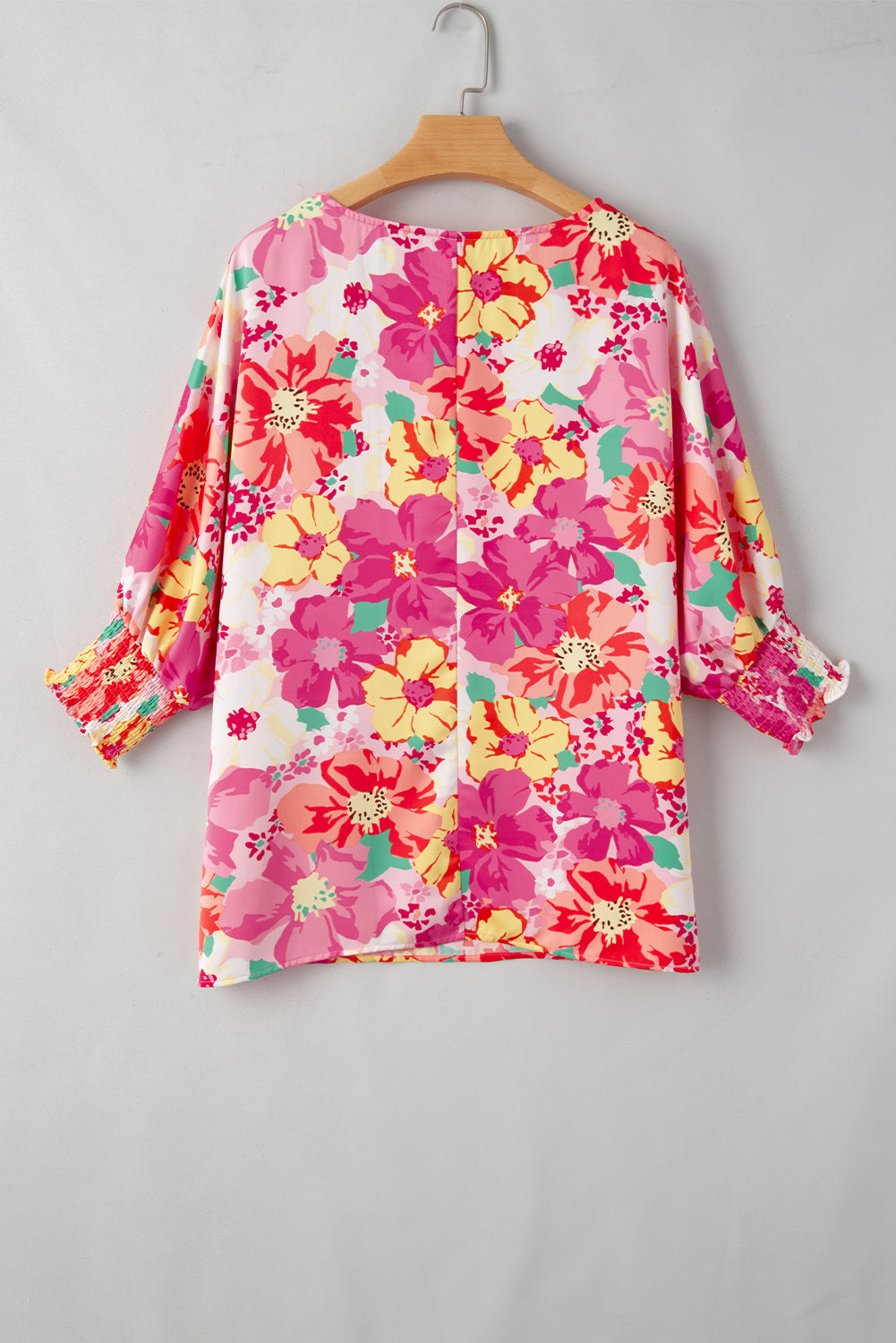 Pink Shirred Cuffs 3/4 Sleeve Boho Floral Blouse - MAD RUFFI