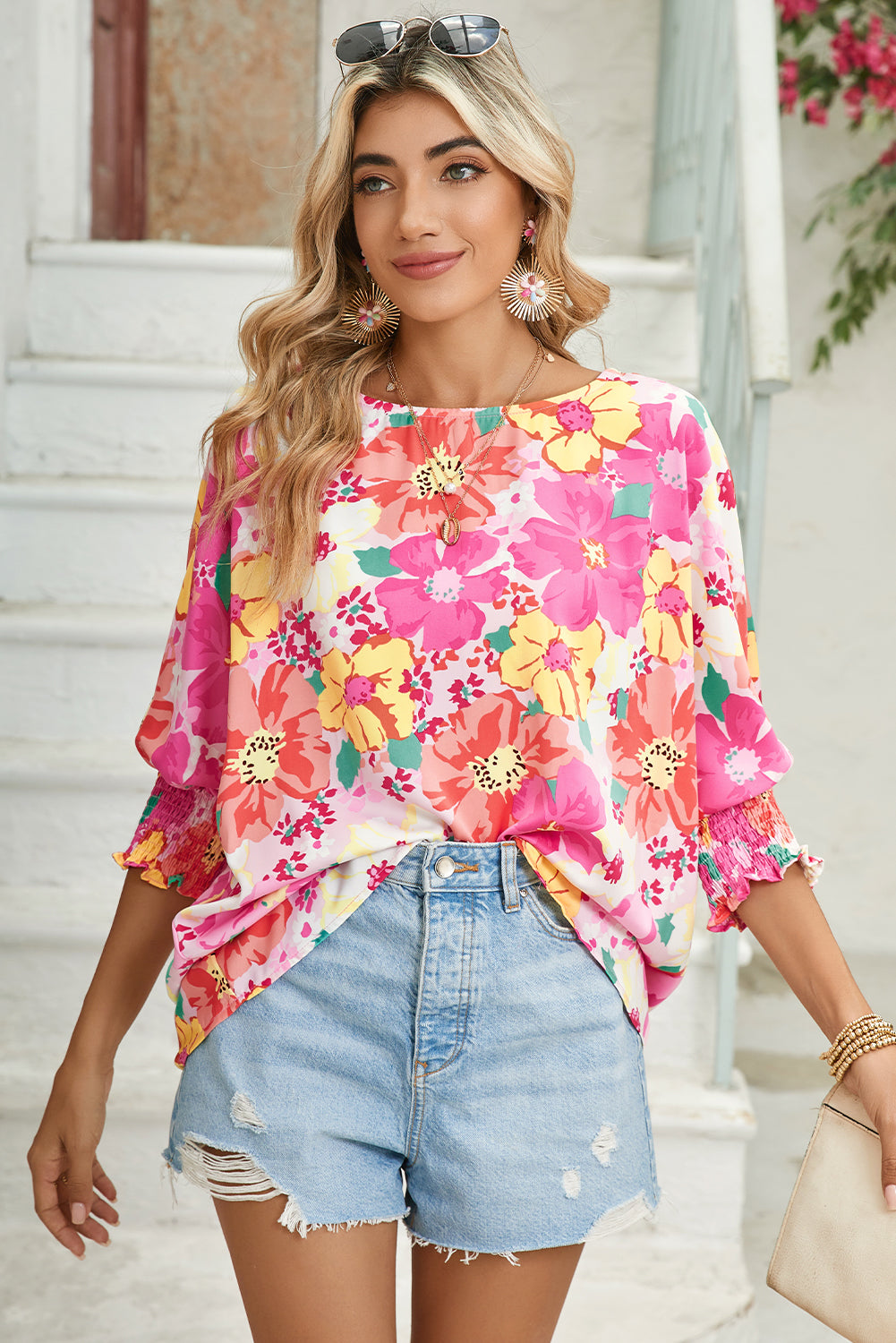 Pink Shirred Cuffs 3/4 Sleeve Boho Floral Blouse - MAD RUFFI