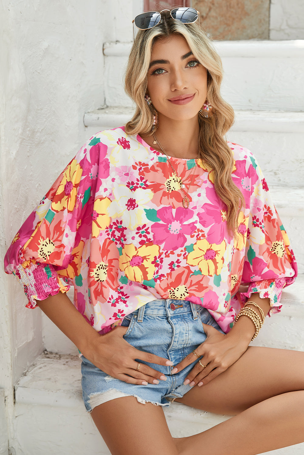 Pink Shirred Cuffs 3/4 Sleeve Boho Floral Blouse - MAD RUFFI