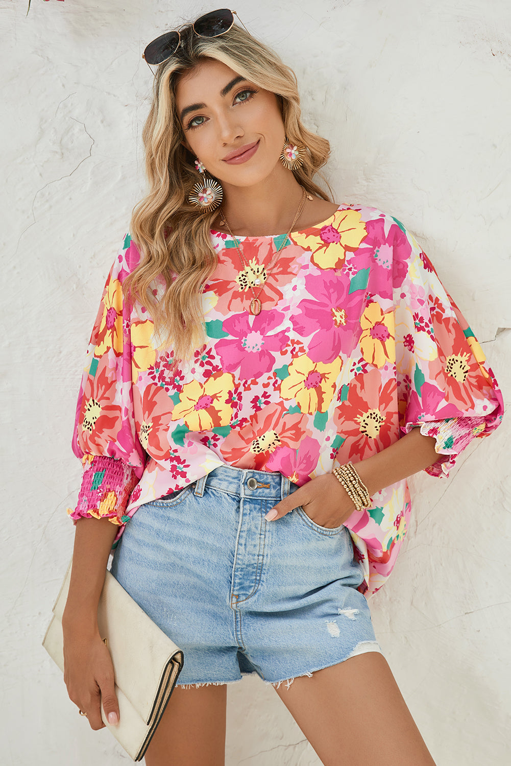 Pink Shirred Cuffs 3/4 Sleeve Boho Floral Blouse - MAD RUFFI