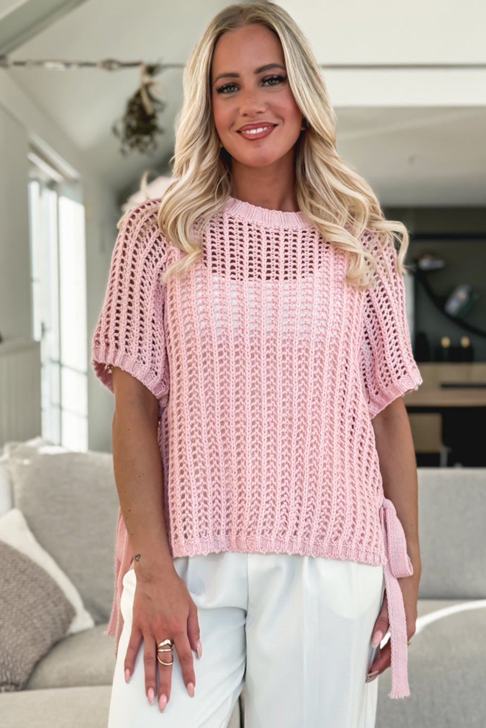 Pink Side Tie Hollow - out Crochet Knit Top - MAD RUFFI