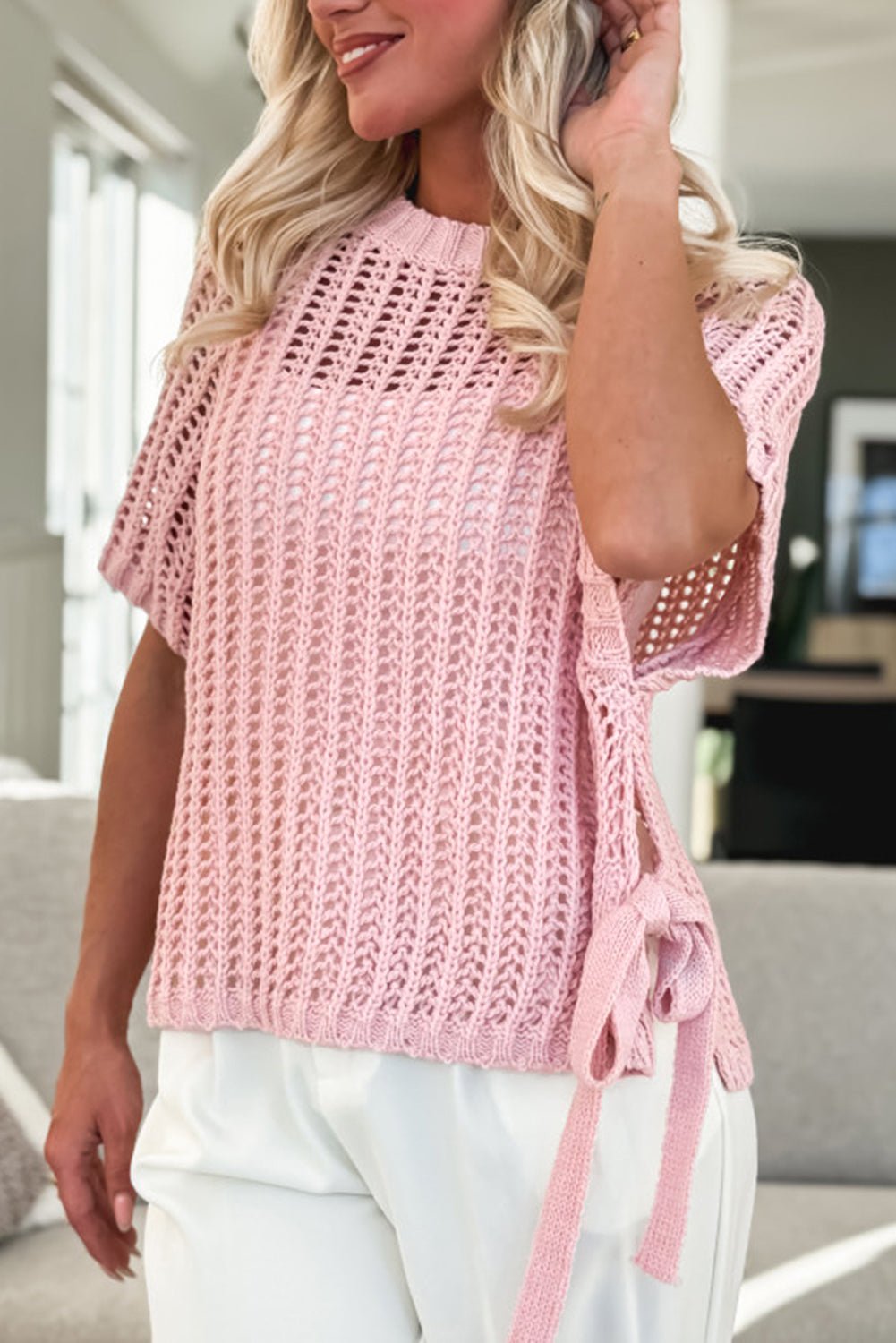 Pink Side Tie Hollow - out Crochet Knit Top - MAD RUFFI