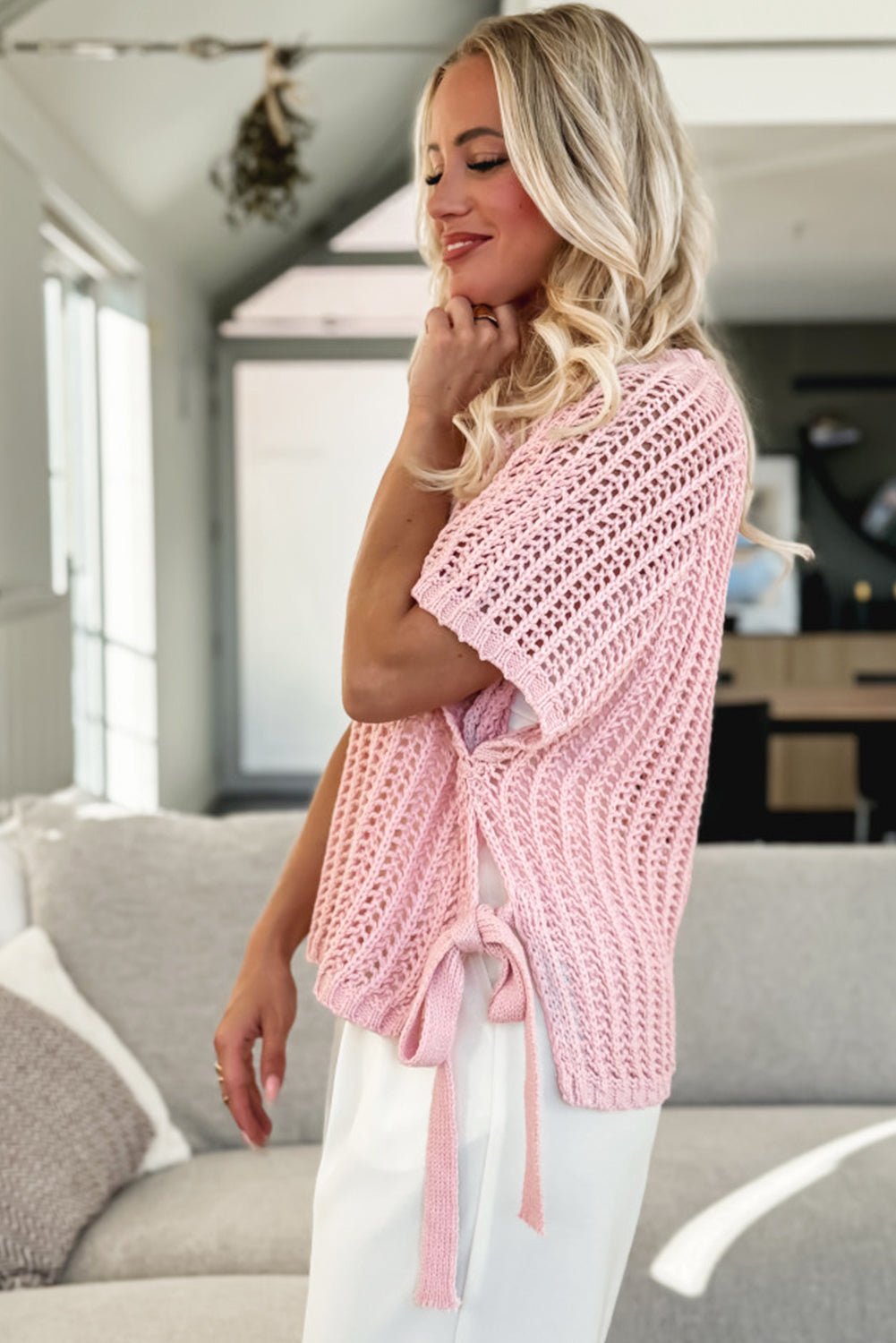 Pink Side Tie Hollow - out Crochet Knit Top - MAD RUFFI