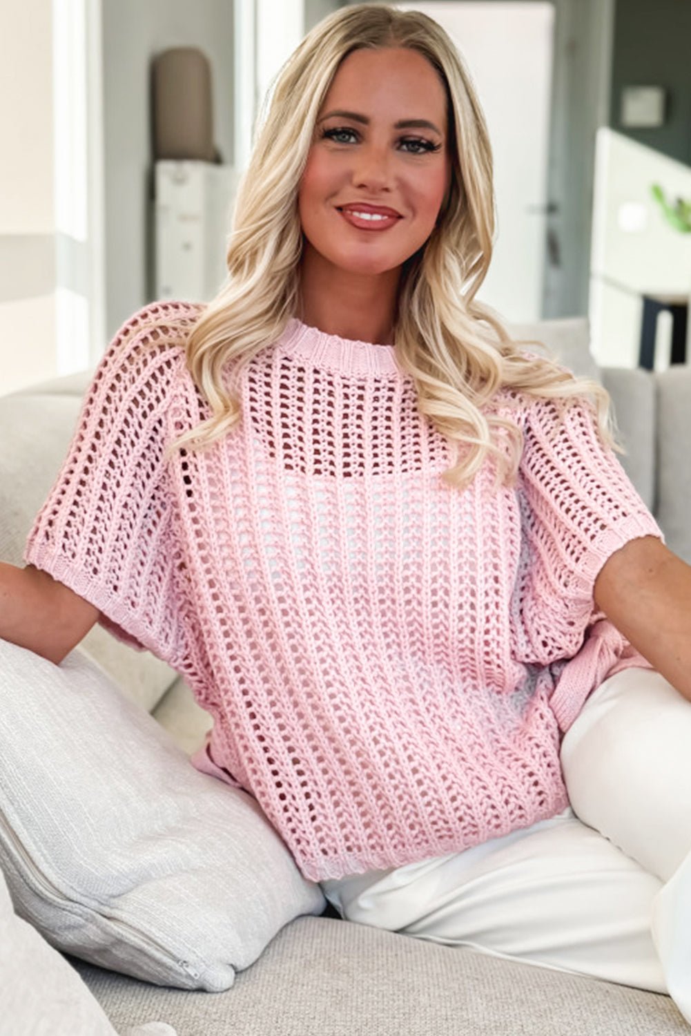 Pink Side Tie Hollow - out Crochet Knit Top - MAD RUFFI