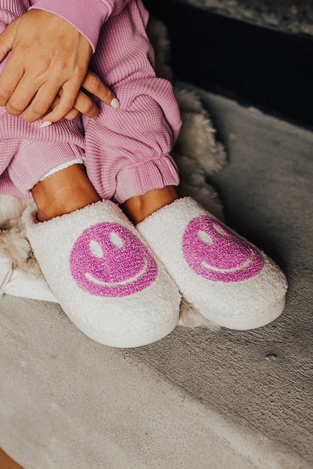 Pink Smile Face Print Non-slip Plush Home Slippers - MAD RUFFI