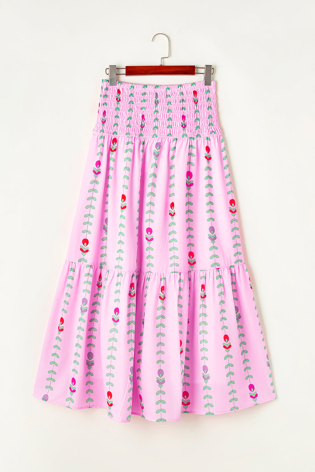 Pink Smocked Waist Tiered Maxi Skirt - MAD RUFFI