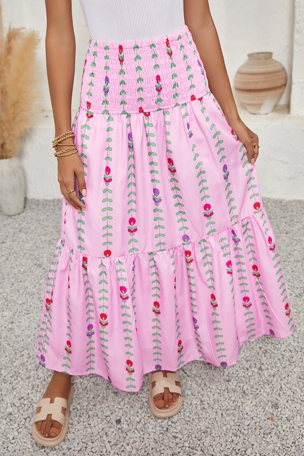 Pink Smocked Waist Tiered Maxi Skirt - MAD RUFFI