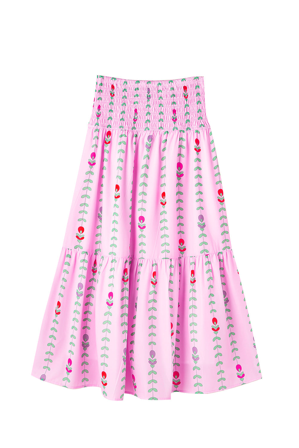 Pink Smocked Waist Tiered Maxi Skirt - MAD RUFFI