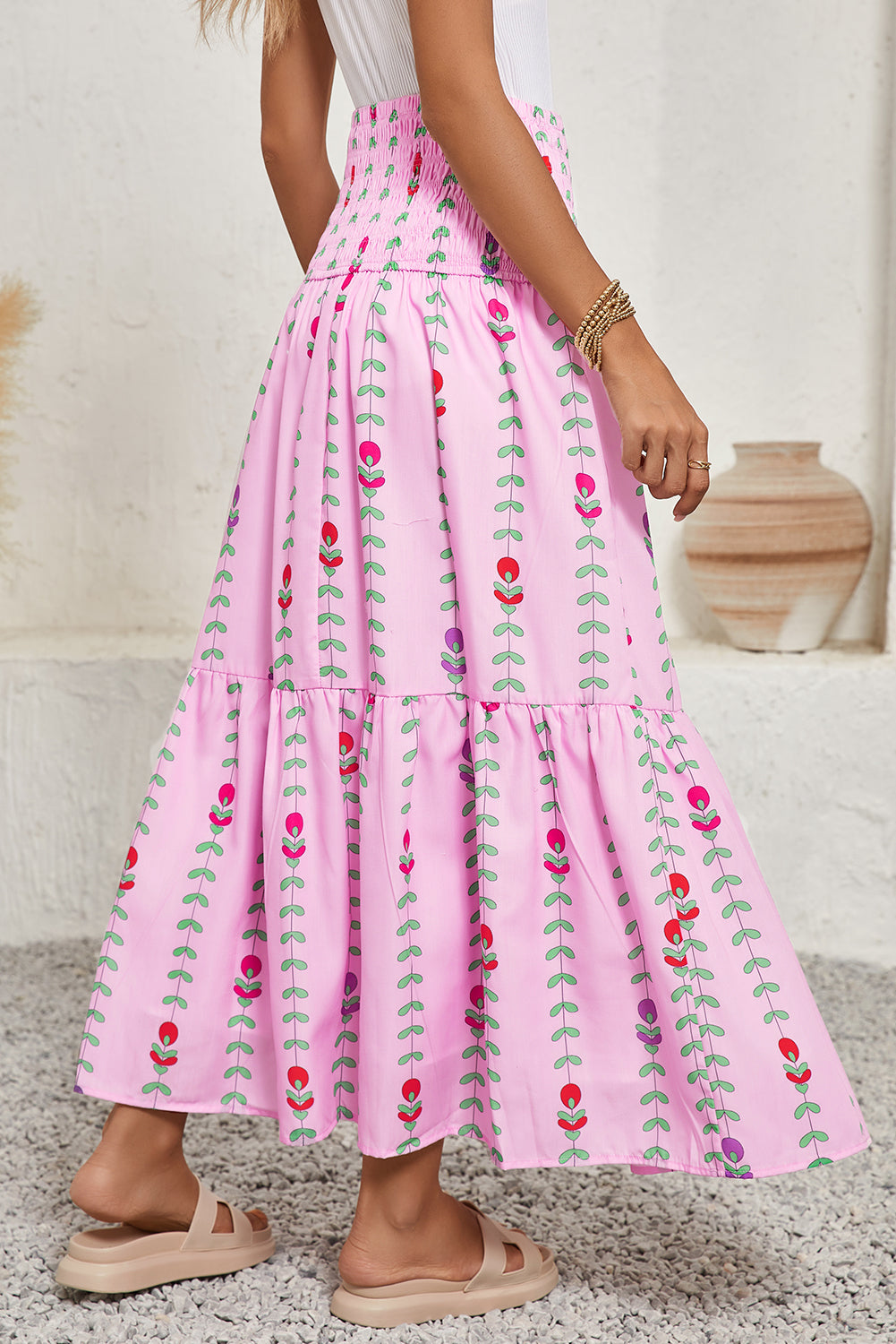 Pink Smocked Waist Tiered Maxi Skirt - MAD RUFFI