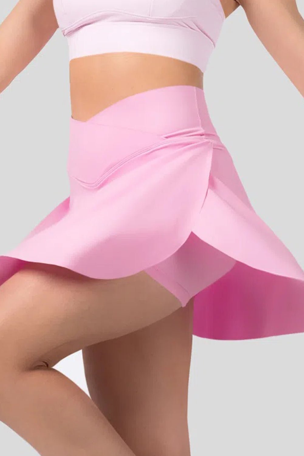 Pink Solid Pocketed Cross Criss High Waist Swim Skort - MAD RUFFI