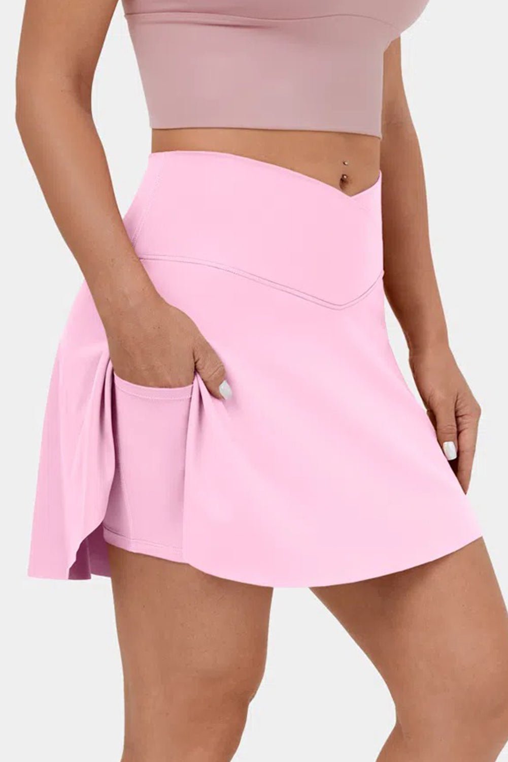 Pink Solid Pocketed Cross Criss High Waist Swim Skort - MAD RUFFI