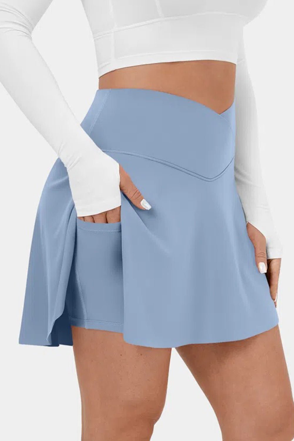 Pink Solid Pocketed Cross Criss High Waist Swim Skort - MAD RUFFI