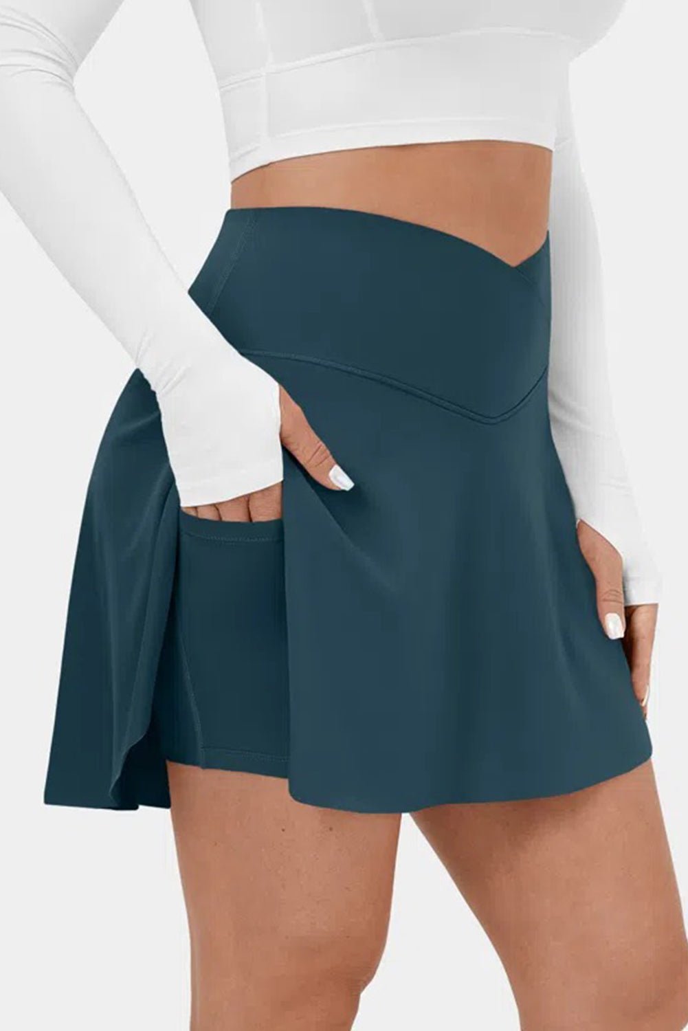 Pink Solid Pocketed Cross Criss High Waist Swim Skort - MAD RUFFI