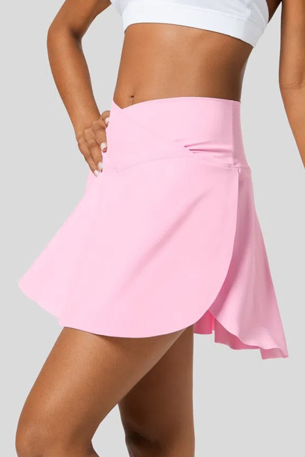 Pink Solid Pocketed Cross Criss High Waist Swim Skort - MAD RUFFI