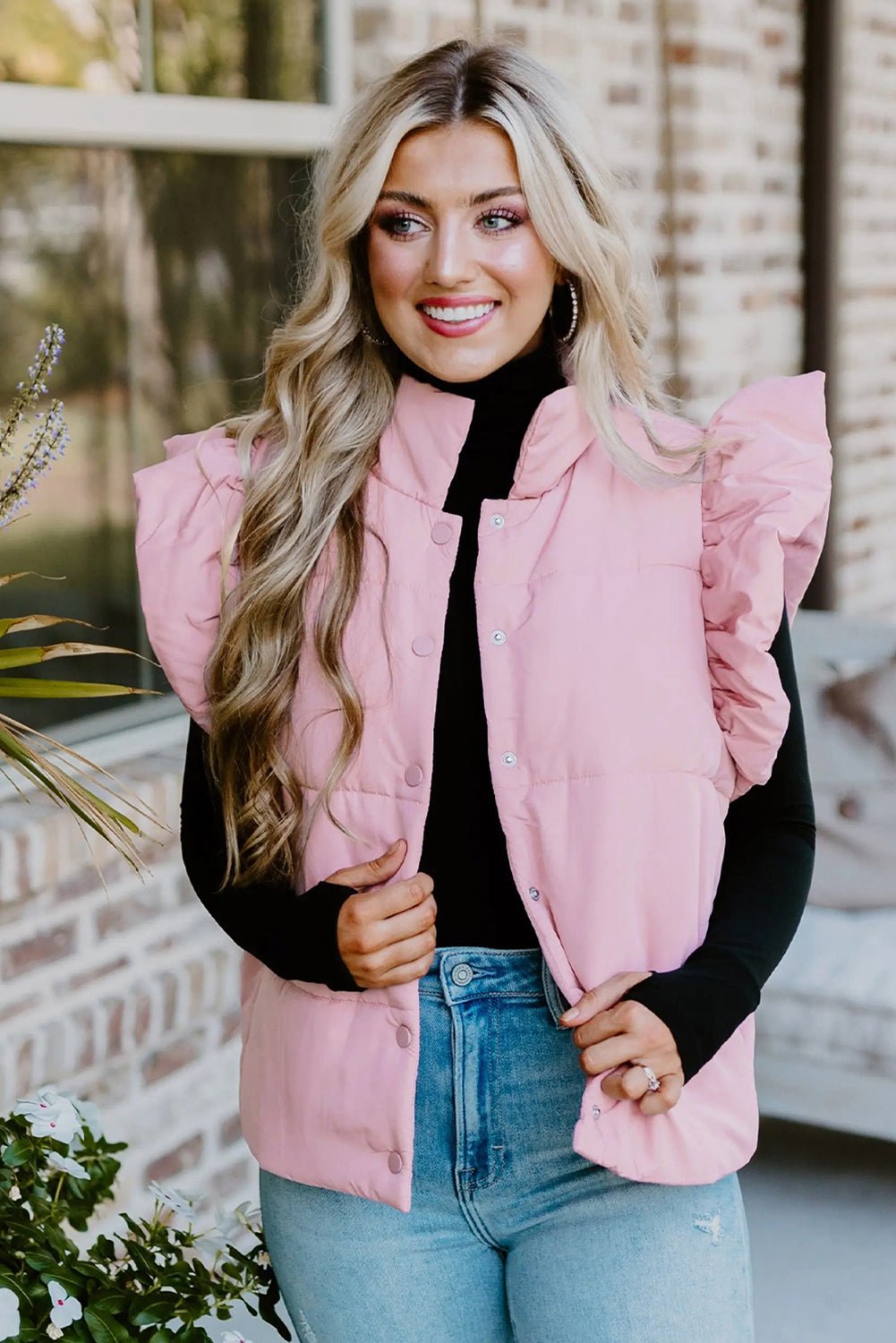 Pink Stand Neck Flutter Sleeve Snap Button Puffer Vest - MAD RUFFI