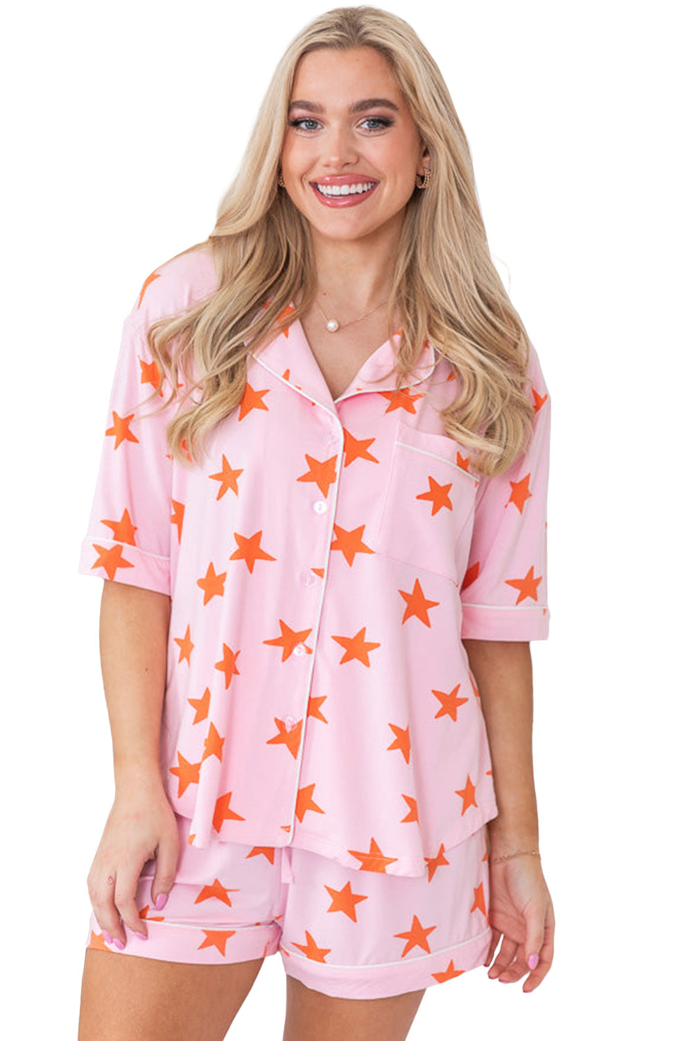 Pink Stars Short Sleeve Shirt and Shorts Pajama Set - MAD RUFFI