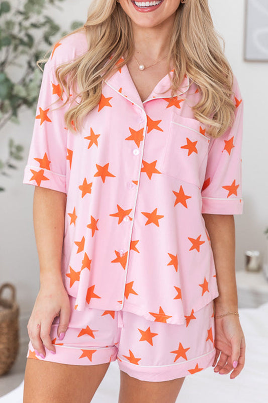 Pink Stars Short Sleeve Shirt and Shorts Pajama Set - MAD RUFFI