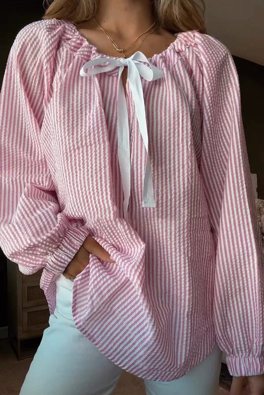 Pink Stripe Bow Tie Front Round Neck Long Sleeve Top - MAD RUFFI