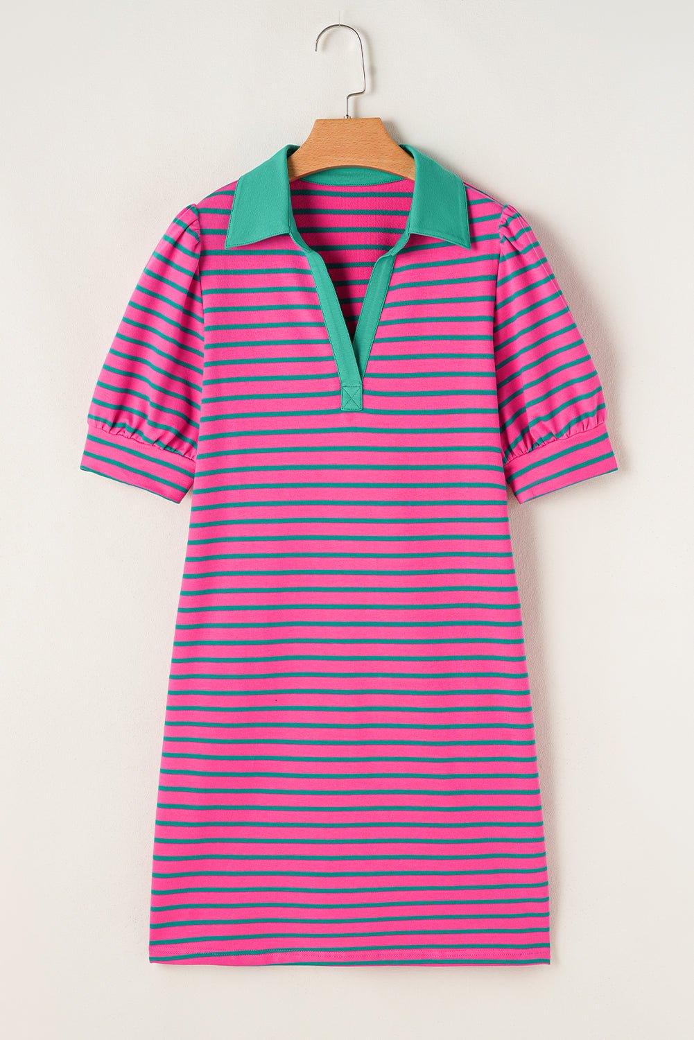 Pink Stripe Collared Puff Sleeve Pop of Color Neckline T Shirt Dress - MAD RUFFI
