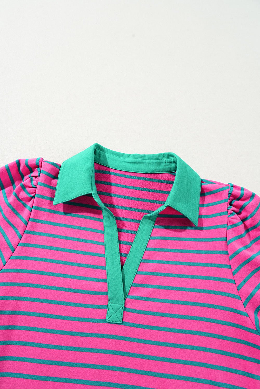 Pink Stripe Collared Puff Sleeve Pop of Color Neckline T Shirt Dress - MAD RUFFI