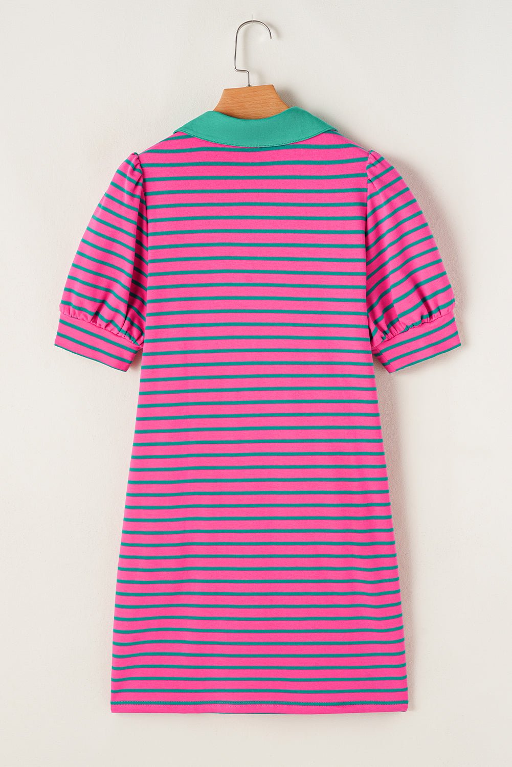 Pink Stripe Collared Puff Sleeve Pop of Color Neckline T Shirt Dress - MAD RUFFI