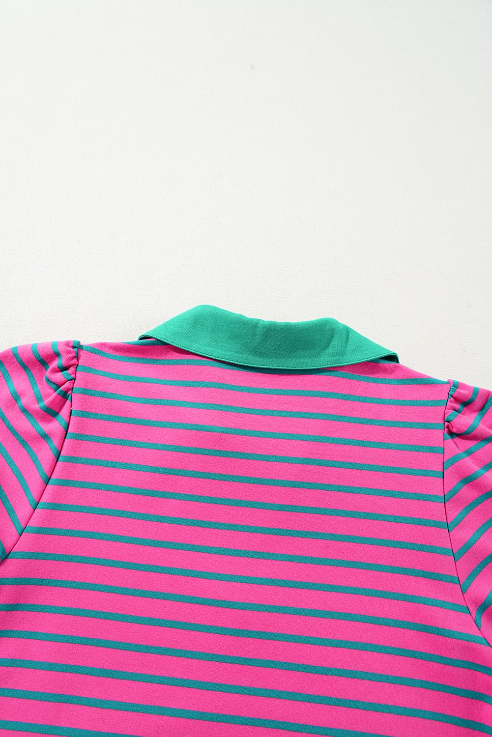 Pink Stripe Collared Puff Sleeve Pop of Color Neckline T Shirt Dress - MAD RUFFI