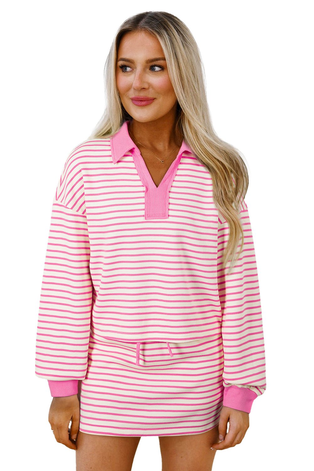 Pink Stripe Collared V Neck Drop Shoulder Pullover and Skirt Set - MAD RUFFI