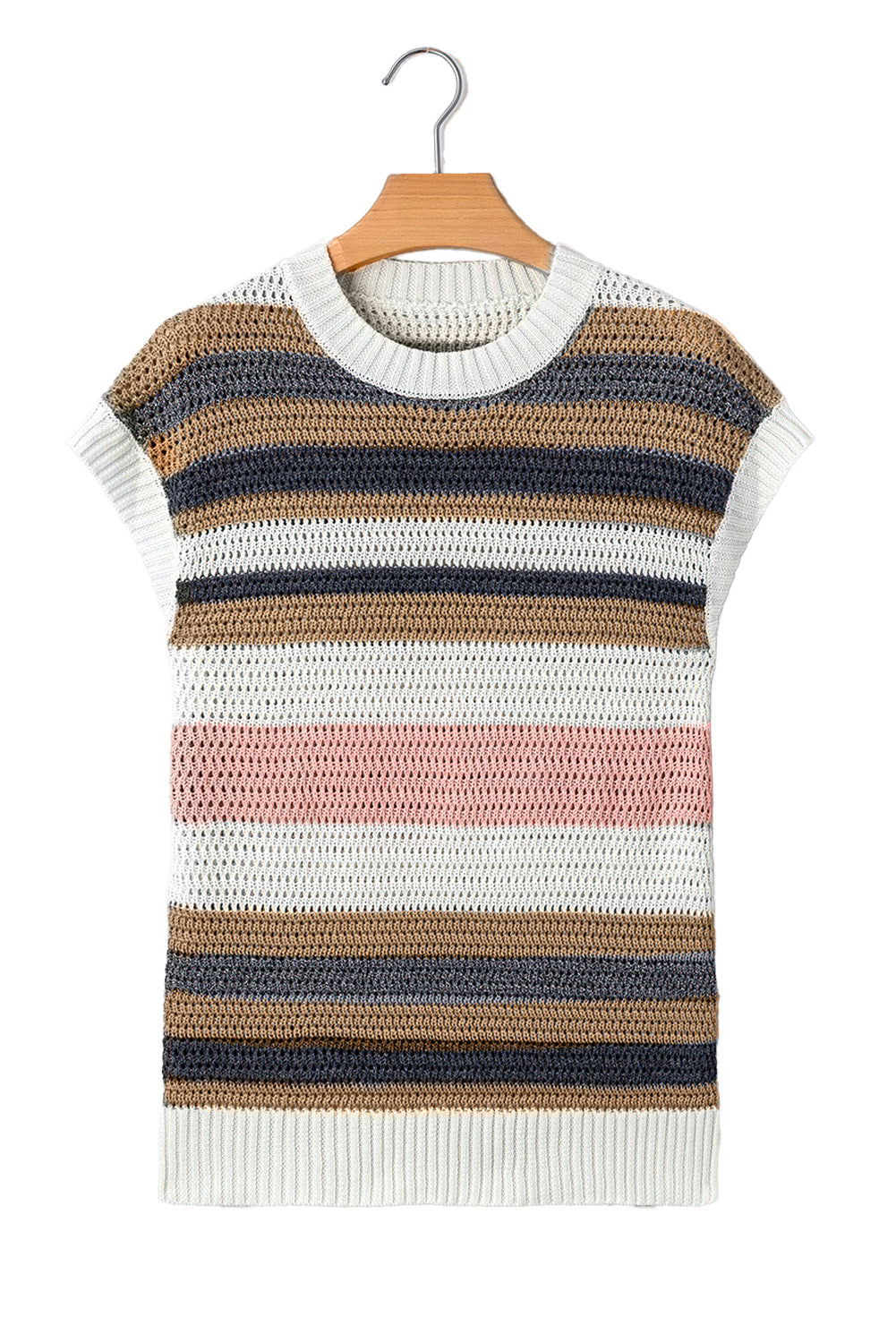 Pink Stripe Colorblock Eyelet Knit Short Sleeve Sweater Tee - MAD RUFFI