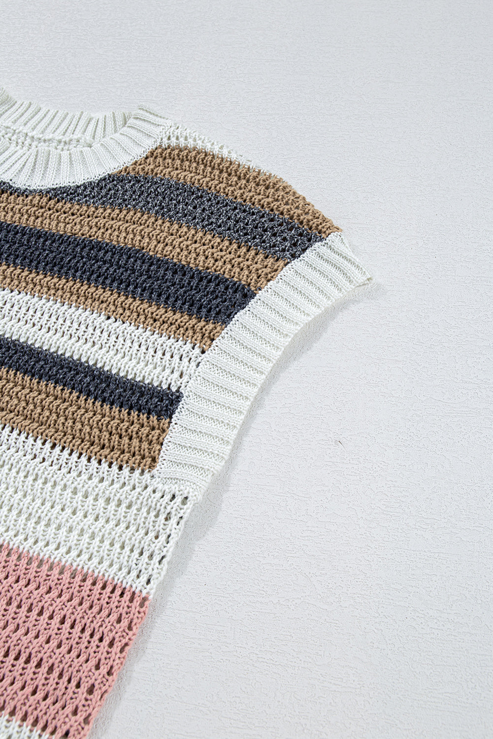 Pink Stripe Colorblock Eyelet Knit Short Sleeve Sweater Tee - MAD RUFFI