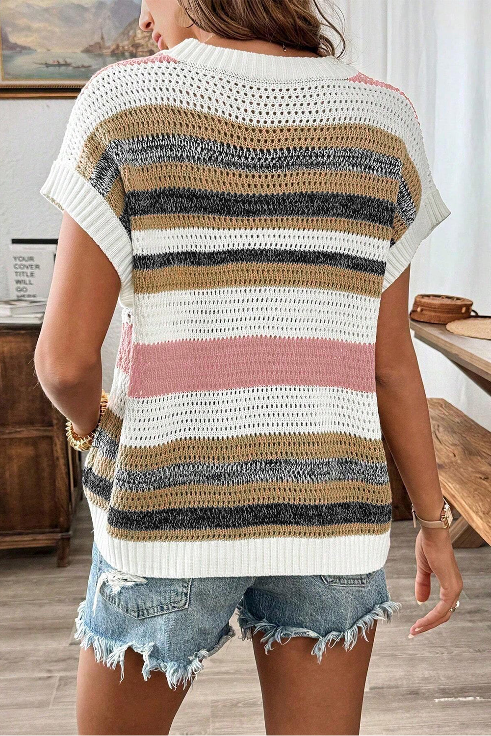 Pink Stripe Colorblock Eyelet Knit Short Sleeve Sweater Tee - MAD RUFFI