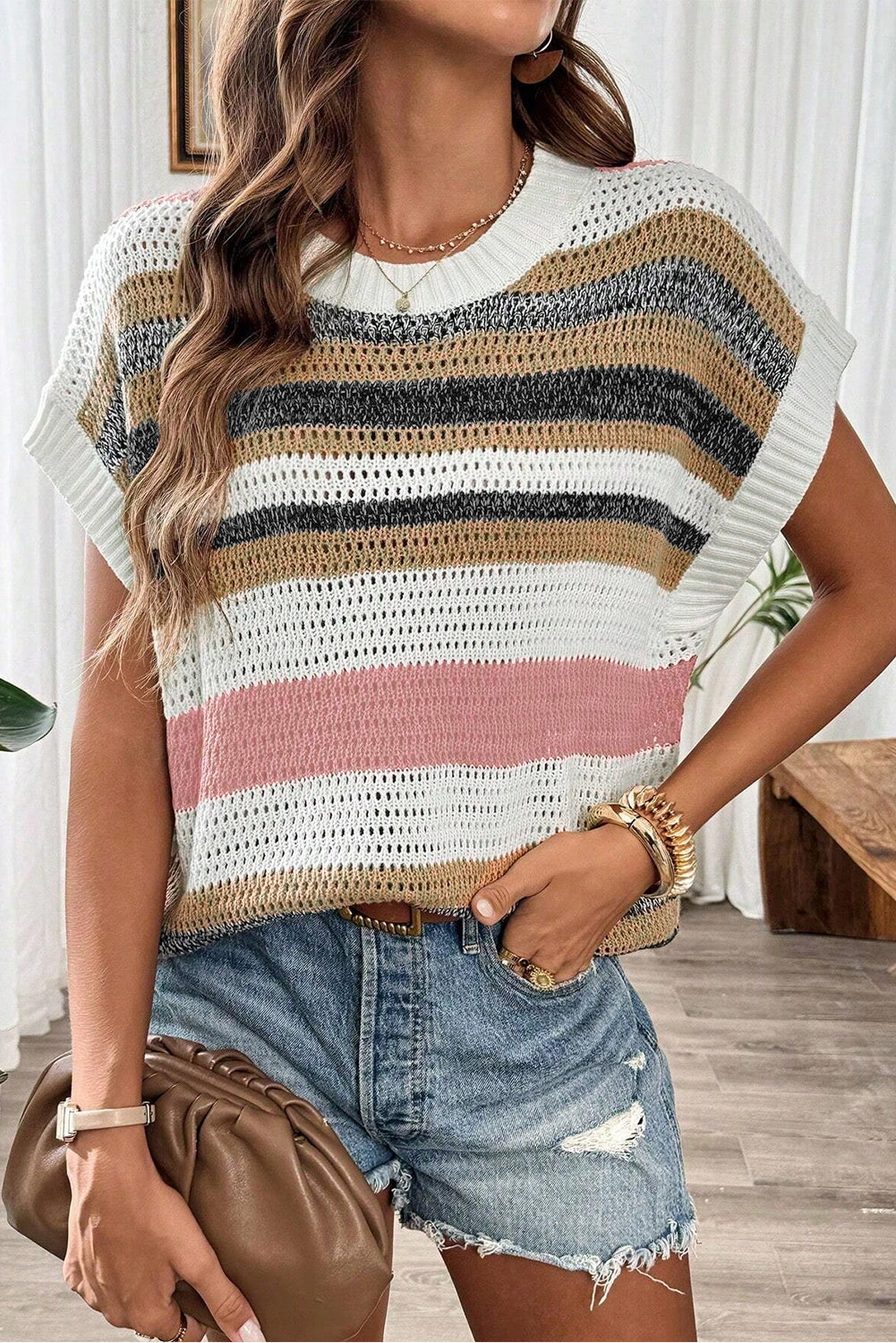 Pink Stripe Colorblock Eyelet Knit Short Sleeve Sweater Tee - MAD RUFFI