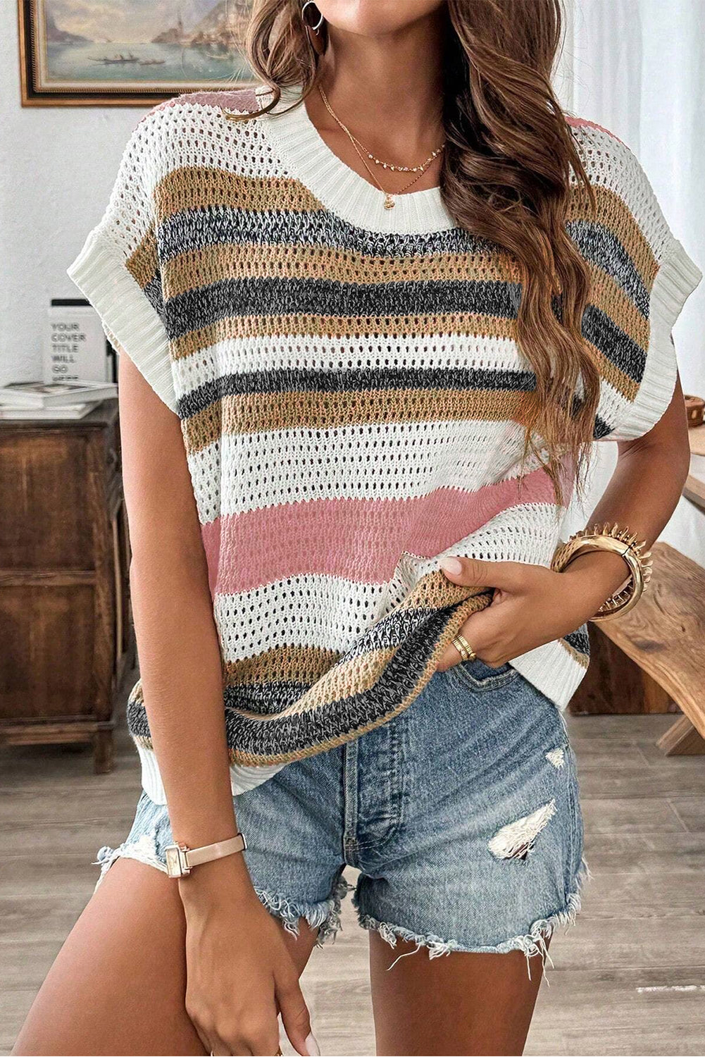 Pink Stripe Colorblock Eyelet Knit Short Sleeve Sweater Tee - MAD RUFFI