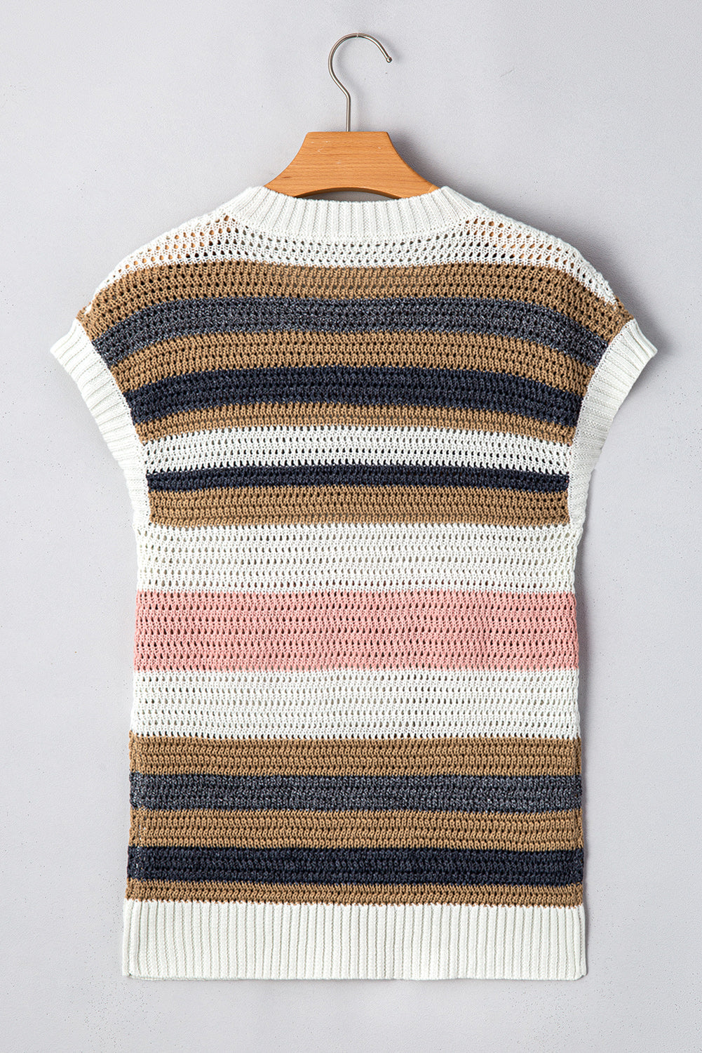 Pink Stripe Colorblock Eyelet Knit Short Sleeve Sweater Tee - MAD RUFFI