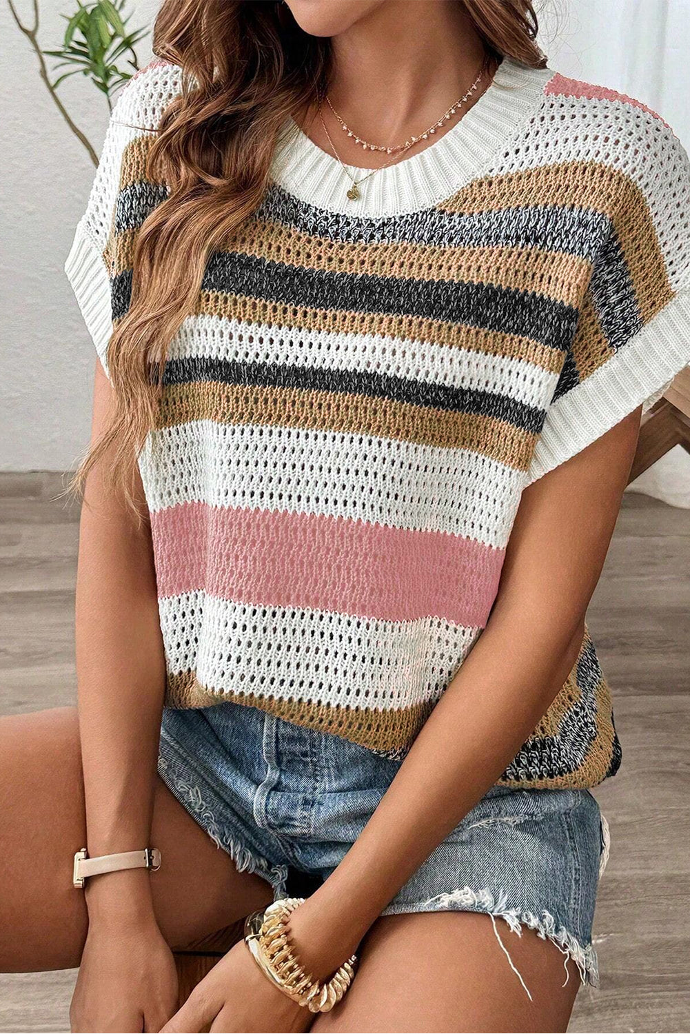 Pink Stripe Colorblock Eyelet Knit Short Sleeve Sweater Tee - MAD RUFFI