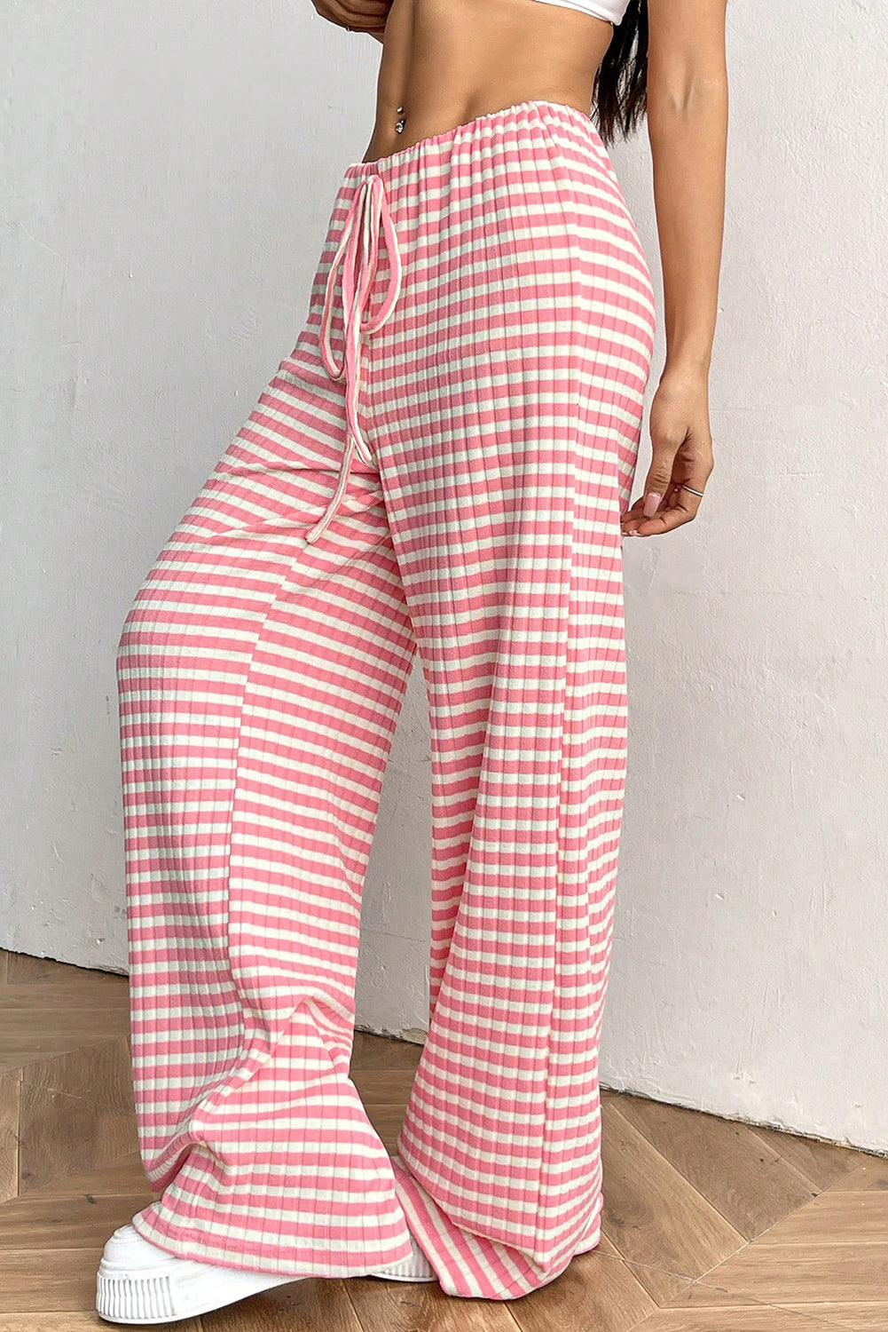 Pink Stripe Colorblock Print Cotton Drawstring Pants - MAD RUFFI